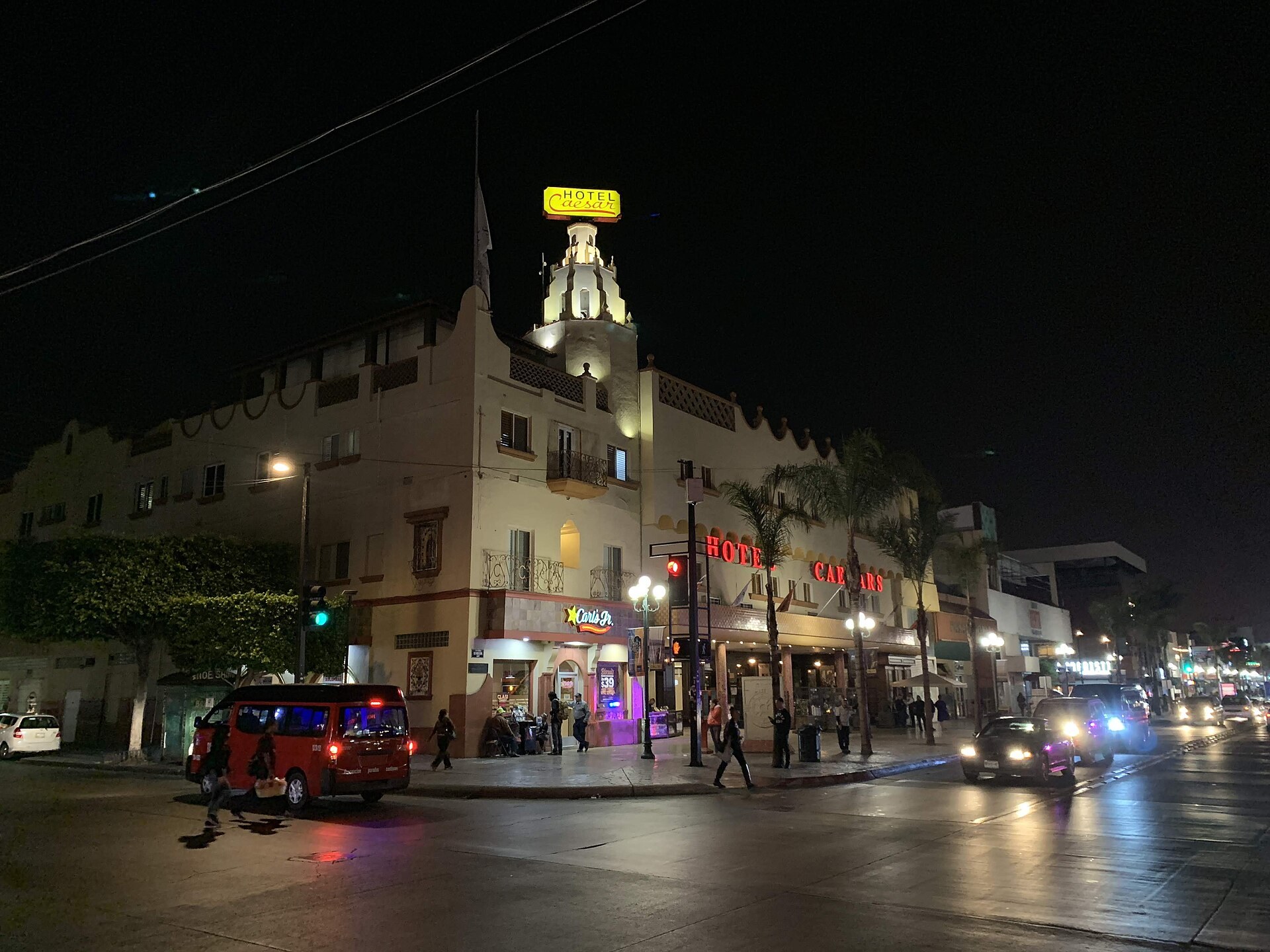 Hotel Caesar at night on Avenida Revolución, Tijuana